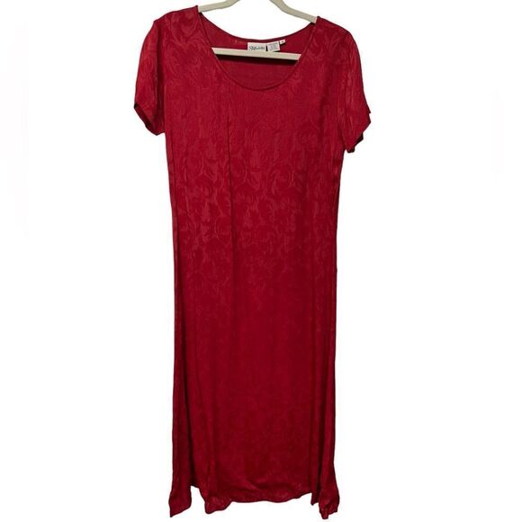 Vintage Patterned Red Short Sleeve Maxi Dress 90’s Semi Formal Date Styleworks - Picture 1 of 10